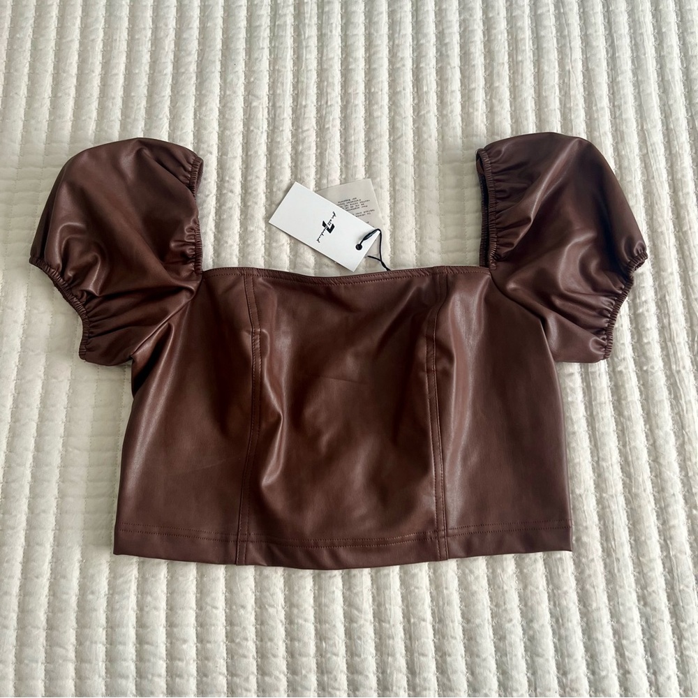 NWT - Brown Puff Sleeve Leather Top